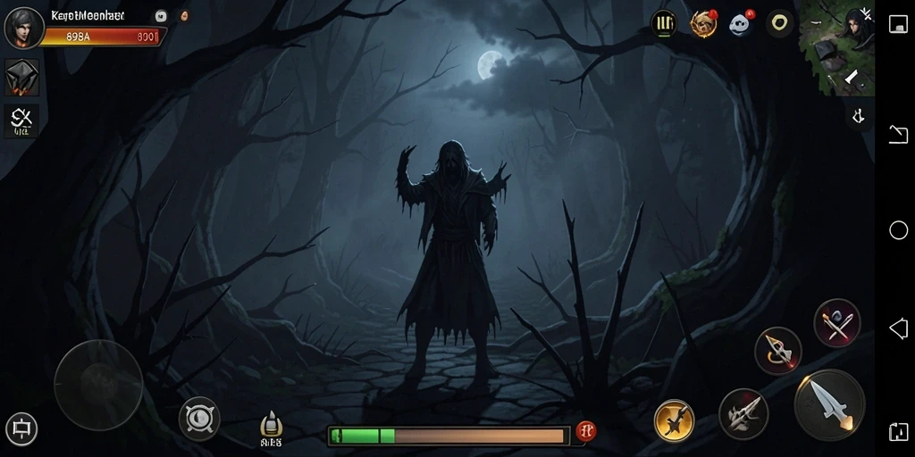 Tangkapan layar gameplay <strong>898A</strong> menunjukkan momen-momen menegangkan dan suasana dark fantasy.