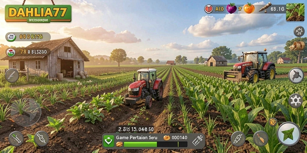 Tangkapan layar gameplay DAHLIA77 yang menunjukkan aktivitas berkebun.