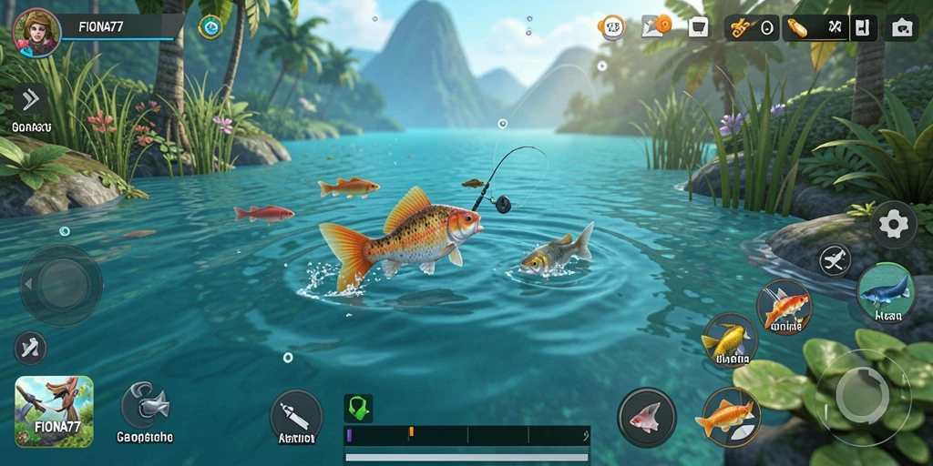 Tampilan menarik gameplay FIONA77 saat memancing ikan besar.
