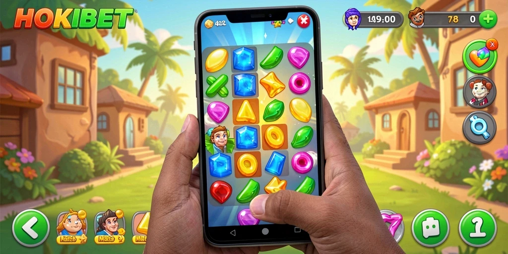 Screenshot HOKIBET menampilkan gameplay Match-3 yang menantang.
