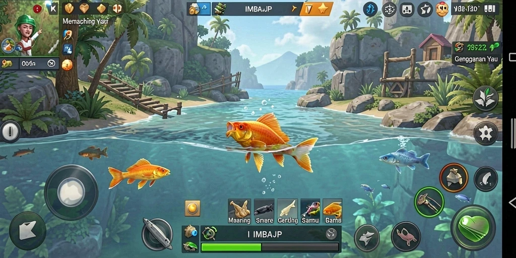 Tampilan gameplay nyata dalam IMBAJP saat menangkap ikan.