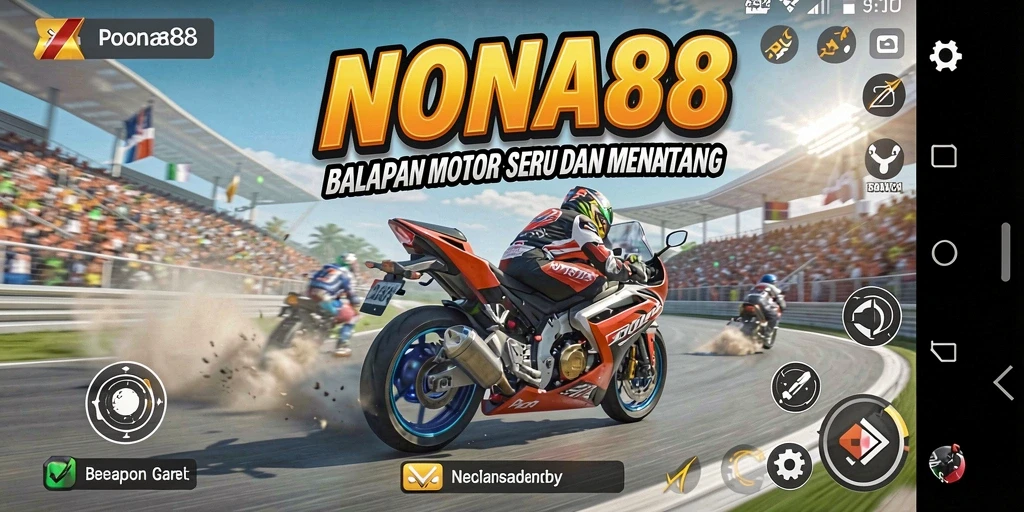 Screenshot gameplay NONA88 yang menunjukkan aksi balapan motor yang mendebarkan.